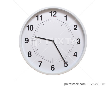 Simple white analog wall clock showing exactly 09:25 or 21:25. suitable for concepts like deadline, start or end of time. Isolated on a clean white background. Simple white analog wall clock showing exactly 09:25 or 21:25. suitable for concepts like deadline, start or end of time. Isolated on a clean white background. 128791105