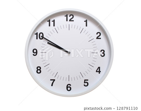 Simple white analog wall clock showing exactly 09:50 or 21:50. suitable for concepts like deadline, start or end of time. Isolated on a clean white background. 128791110