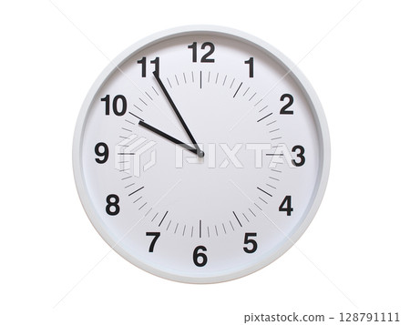 Simple white analog wall clock showing exactly 09:55 or 21:55. suitable for concepts like deadline, start or end of time. Isolated on a clean white background. 128791111