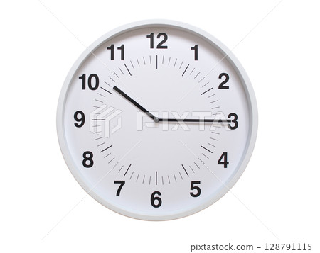 Simple white analog wall clock showing exactly 10:15 or 22:15. suitable for concepts like deadline, start or end of time. Isolated on a clean white background. 128791115