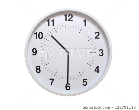 Simple white analog wall clock showing exactly 10:30 or 22:30. suitable for concepts like deadline, start or end of time. Isolated on a clean white background. 128791118