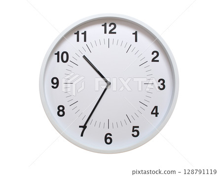 Simple white analog wall clock showing exactly 10:35 or 22:35. suitable for concepts like deadline, start or end of time. Isolated on a clean white background. 128791119