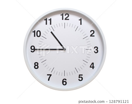 Simple white analog wall clock showing exactly 10:45 or 22:45. suitable for concepts like deadline, start or end of time. Isolated on a clean white background. 128791121
