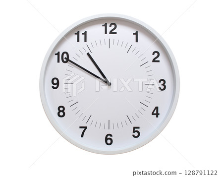 Simple white analog wall clock showing exactly 10:50 or 22:50. suitable for concepts like deadline, start or end of time. Isolated on a clean white background. Simple white analog wall clock showing exactly 10:50 or 22:50. suitable for concepts like deadline, start or end of time. Isolated on a clean white background. 128791122
