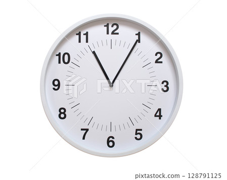 Simple white analog wall clock showing exactly 11:05 or 23:05. suitable for concepts like deadline, start or end of time. Isolated on a clean white background. Simple white analog wall clock showing exactly 11:05 or 23:05. suitable for concepts like deadline, start or end of time. Isolated on a clean white background. 128791125