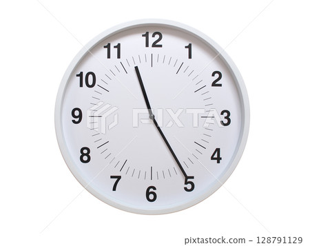 Simple white analog wall clock showing exactly 11:25 or 23:25. suitable for concepts like deadline, start or end of time. Isolated on a clean white background. 128791129
