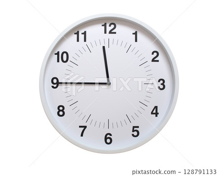 Simple white analog wall clock showing exactly 11:45 or 23:45. suitable for concepts like deadline, start or end of time. Isolated on a clean white background. 128791133