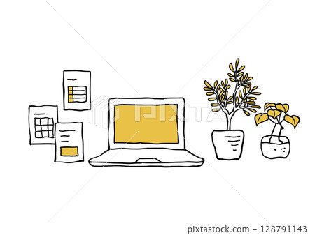 Laptop, documents and yellow potted plant 128791143