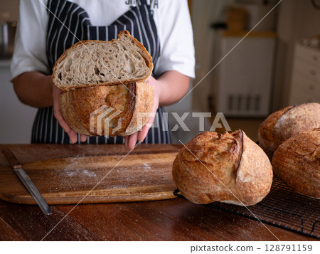 Baker Hand Presenting Homemade Sourdough. 128791159