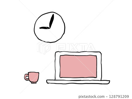 Laptop, clock and coffee cup illustration pink Laptop, clock and coffee cup illustration pink 128791209