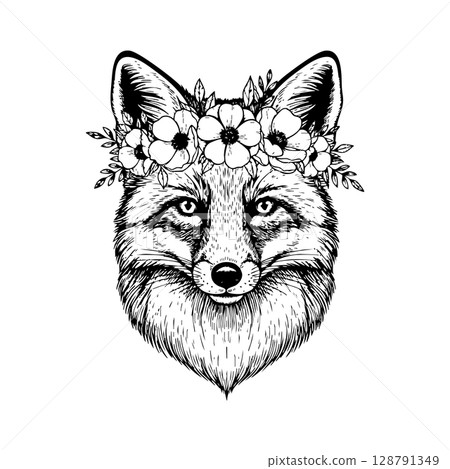 Charming vector illustration of a fox wearing a whimsical flower crown, ideal for cute and nature designs. Wildlife Animals . Charming vector illustration of a fox wearing a whimsical flower crown, ideal for cute and nature designs. Wildlife Animals . 128791349