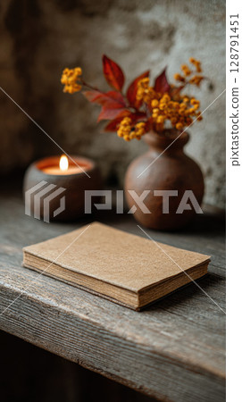 Rustic scene with closed book on wooden table, accompanied by lit candle and vase with autumn leaves and berries 128791451