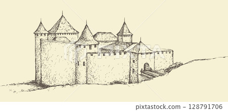 Khotyn Fortress, Ukraine. Vector sketch Khotyn Fortress, Ukraine. Vector sketch 128791706
