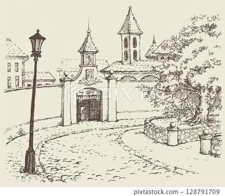 Vector landscape winding streets of old town Vector landscape winding streets of old town 128791709