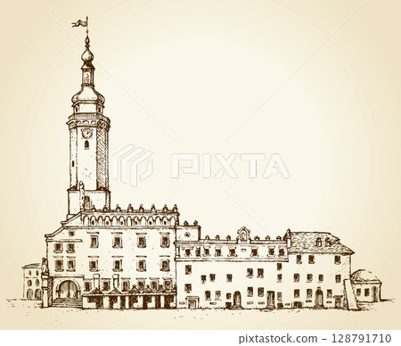 Ancient Lviv city hall. Vector cityscape 128791710