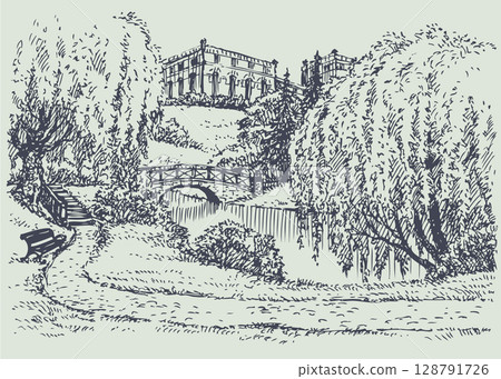 Vector landscape. Palace park with a bench near river Vector landscape. Palace park with a bench near river 128791726