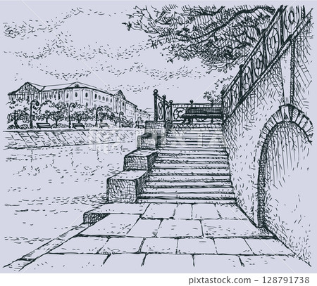 Vector cityscape. Architectural motif of old stone quay 128791738