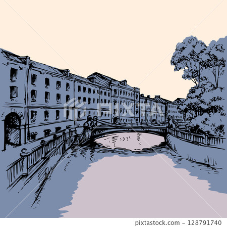 The bridge over the river in St. Petersburg. Vector drawing The bridge over the river in St. Petersburg. Vector drawing 128791740