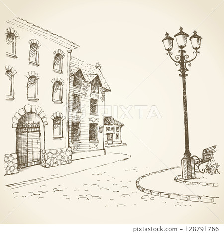 Lantern on town square. Vector drawing Lantern on town square. Vector drawing 128791766