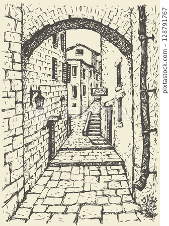 Vector cityscape. Narrow medieval street 128791767