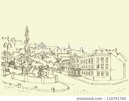 Vector cityscape. Park avenue and old buildings of city 128791768
