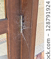 Closeup of the door hinge of an empty house covered with spider webs. 128791924