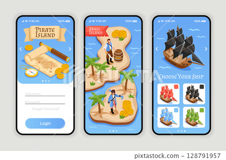 Pirate Island Treasure Hunt Isometric App Design 128791957