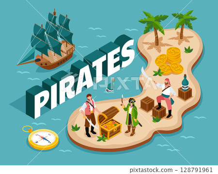 Pirate Island and Treasure adventure Exploration Isometric Illustration 128791961
