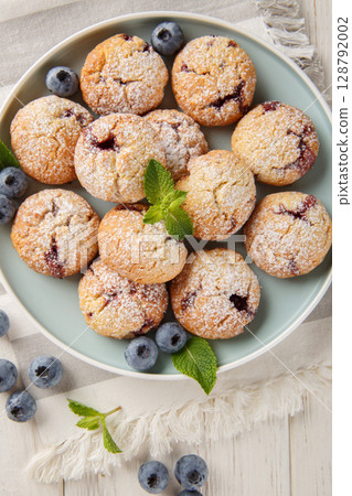 Delicious Blueberry Cookies with mint and vanilla flavor sprinkled with powdered sugar close-up in a plate on the table. vertical top view Delicious Blueberry Cookies with mint and vanilla flavor sprinkled with powdered sugar close-up in a plate on the table. vertical top view 128792002
