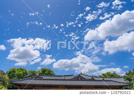 Blue sky and white clouds on the roof of ancient building Blue sky and white clouds on the roof of ancient building 128792021