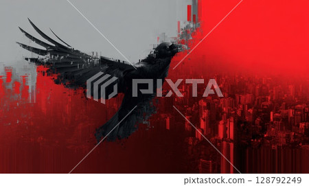 Surreal Illustration of a Raven Overlooking a Cityscape with Red Hues 128792249