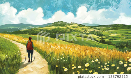 Explore the breathtaking landscape with a solo traveler wandering through lush, golden fields 128792315