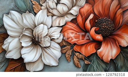 Rich floral design with vibrant autumn hues and intricate textures, a masterpiece blending art 128792318