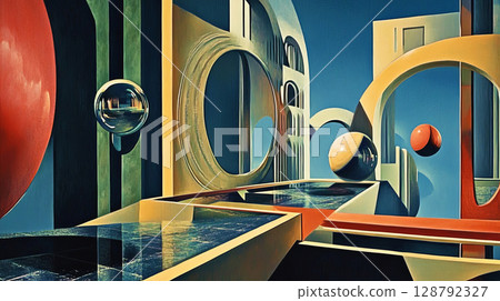 Futuristic architectural scene with surreal, geometric shapes and vibrant colors 128792327