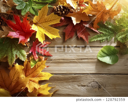 Image material of fallen leaves placed on a wooden board 128792359