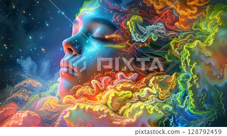Dreamlike fusion of a serene face immersed in vibrant cosmic clouds 128792459