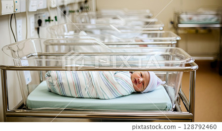 Newborn peacefully resting in the nursery, wrapped cozily, reflecting the miracle of life 128792460