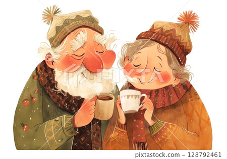 Cozy winter vibes with this charming illustration of two adorable people enjoying warm beverage 128792461