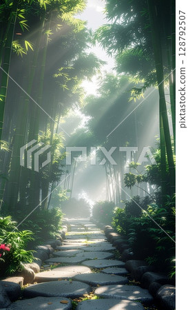 Morning sunlight shines through a stone-paved path in a bamboo forest 128792507