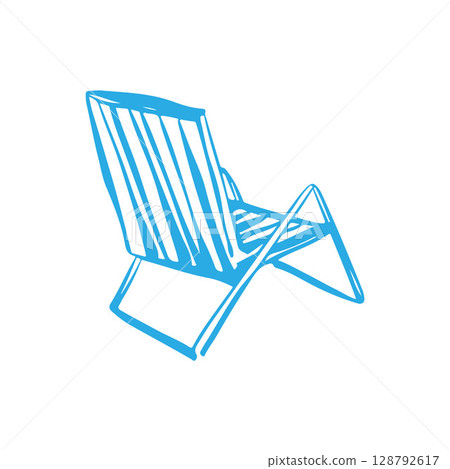 Beach lounge chair isolated on white background. Summer vector illustration of lounge chair for seaside vacation in doodle style. Striped lounge chair icon in blue color Beach lounge chair isolated on white background. Summer vector illustration of lounge chair for seaside vacation in doodle style. Striped lounge chair icon in blue color 128792617