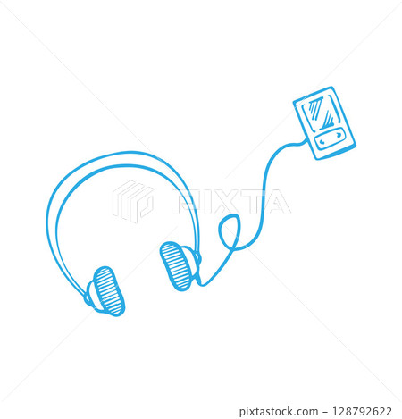 Audio player with headphones. Vintage player. Music headset. Retro illustration. Flat vector isolated on white background. 128792622