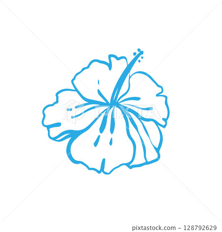 Hibiscus icon isolated on white background. Doodle style illustration in blue color. Tropical flower, exotic hibiscus blossom. Single flower icon for logo, hawaiian print design element. Vector Hibiscus icon isolated on white background. Doodle style illustration in blue color. Tropical flower, exotic hibiscus blossom. Single flower icon for logo, hawaiian print design element. Vector 128792629