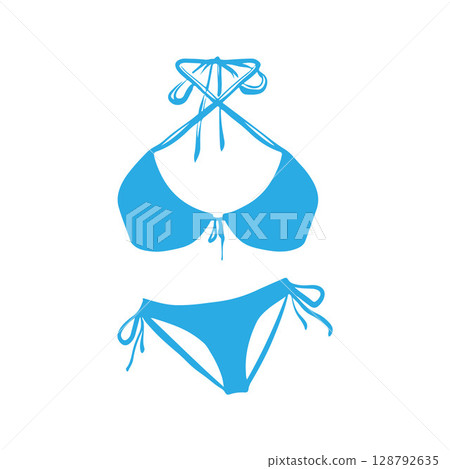 Illustration of womens two piece bikini swimsuit in doodle style. Simple vector illustration in blue color Illustration of womens two piece bikini swimsuit in doodle style. Simple vector illustration in blue color 128792635