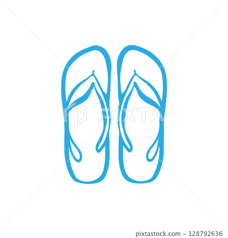Beach slippers icon. Summer flip flops in doodle style. Sandals in blue color. Vector monochrome illustration Beach slippers icon. Summer flip flops in doodle style. Sandals in blue color. Vector monochrome illustration 128792636