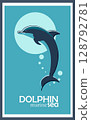 Dolphin poster, flat illustration, vector 128792781