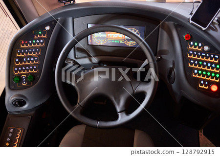 The Modern Bus Interior has a high-tech dashboard and advanced controls for drivers and passengers 128792915