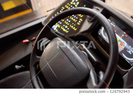 The Modern Bus Interior has a high-tech dashboard and advanced controls for drivers and passengers 128792943