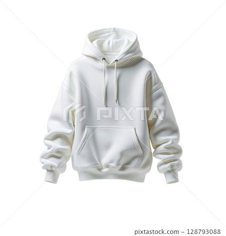 A white hoodie shown from the front view with sleeves slightly aligned along the body 128793088