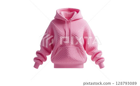 A pink hoodie shown from the front view with sleeves slightly aligned along the body. 128793089