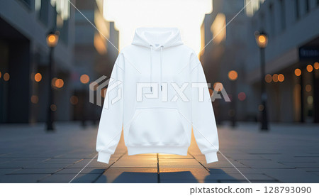 A white hoodie shown from the front view with sleeves slightly aligned along the body 128793090